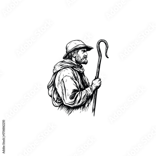 Detailed monochrome illustration of an old man, likely a shepherd or wise traveler, wearing a hat and holding a curved staff