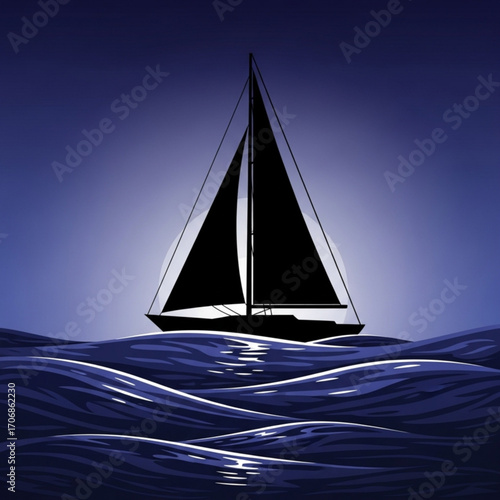 A silhouette of a sailboat sailing on the ocean with a moon in the background at night creating a serene scene created with generative ai