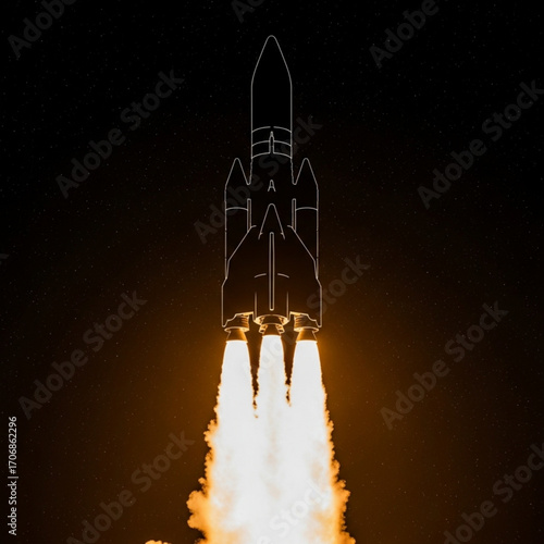 A rocket launching into the dark night sky with bright flames and a star filled background in space view created with generative ai