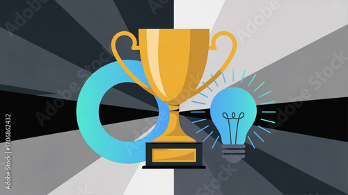 Illustration of a golden trophy cup, a light bulb, and a circle, symbolizing success, innovation, and collaboration against a gray radial background