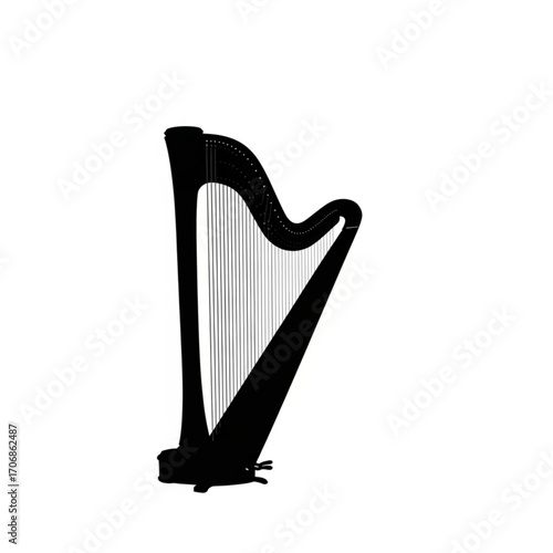 Silhouette of a traditional concert harp with strings and soundbox on a white background in simple style created with generative ai