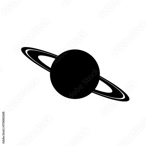 A simple black and white graphic illustration of a planet with rings around it in a minimalist style created with generative ai