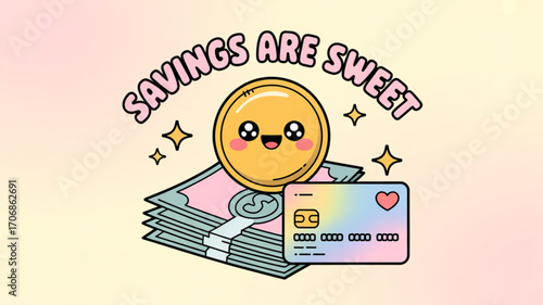 Savings are sweet concept with cute coin, money, and credit card financial planning and investment budgeting and saving money vector illustration
