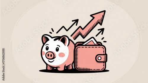 A charming cartoon illustration of a piggy bank and wallet with an upward trending arrow, symbolizing financial growth and savings