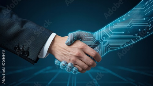 Business partnership handshake with futuristic digital technology integration