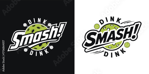 Pickleball smash dink logo graphic with paddle and ball sports emblem for apparel, team branding, and t shirt design