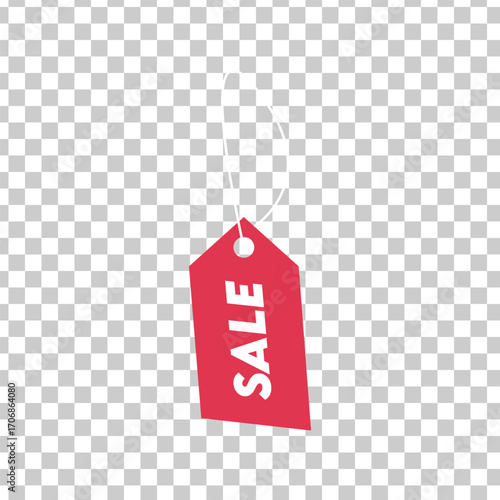 Vector art of a red sale tag with white text hanging on a transparent background, ideal for retail promotions and advertising campaigns to attract customers and boost sales