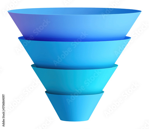 Geometric blue pyramid or funnel with four layers for business concepts isolated on transparent background