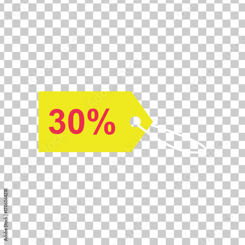 Vector art of a vibrant yellow tag displaying a 30 discount, perfect for advertising sales and promotions, offering a visual cue for savings and deals