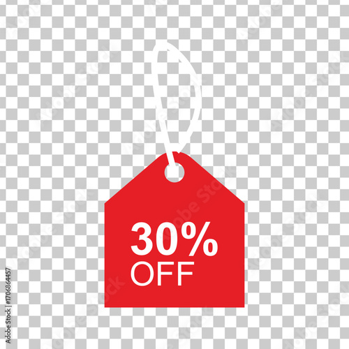 Vector art of a vibrant red tag dangling, proclaiming a 30 discount, set against a transparent backdrop, perfect for adding a touch of savings to your designs