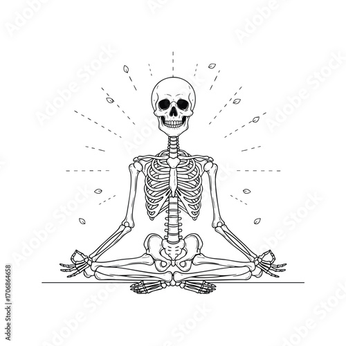 A human skeleton meditating in a crosslegged Padmasana yoga pose with a radiant aura.