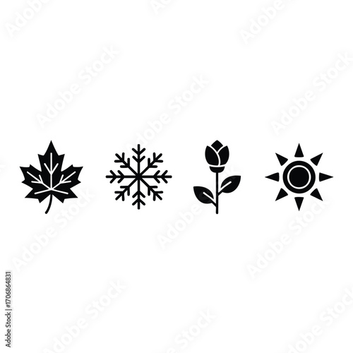 A set of four black glyph icons representing the seasons autumn leaf winter snowflake spring rose and summer sun.
