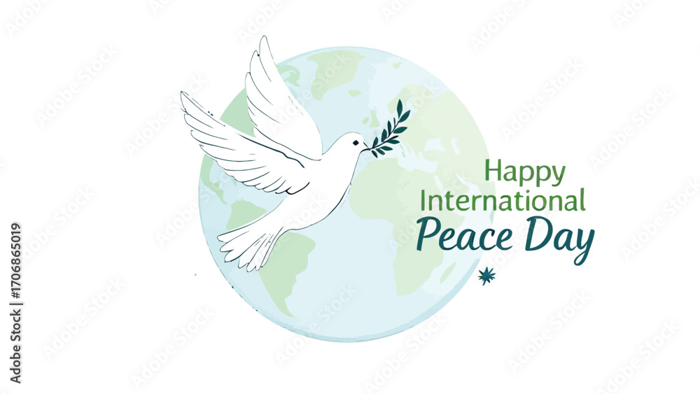 Fototapeta premium Minimalist vector of a white dove carrying an olive branch flying across the Earth, representing global harmony and unity for the International Day of Peace