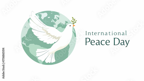 Minimalist vector of a white dove carrying an olive branch flying across the Earth, representing global harmony and unity for the International Day of Peace