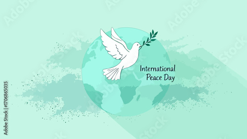 Minimalist vector of a white dove carrying an olive branch flying across the Earth, representing global harmony and unity for the International Day of Peace