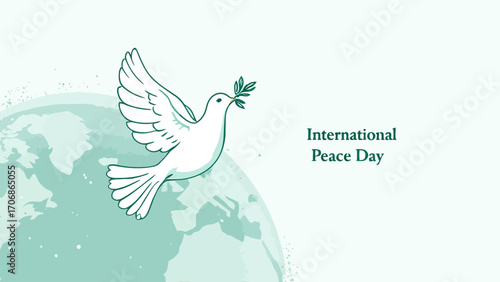 Minimalist vector of a white dove carrying an olive branch flying across the Earth, representing global harmony and unity for the International Day of Peace