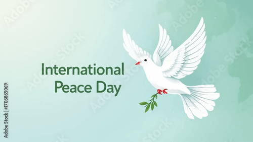 Minimalist vector of a white dove carrying an olive branch flying across the Earth, representing global harmony and unity for the International Day of Peace