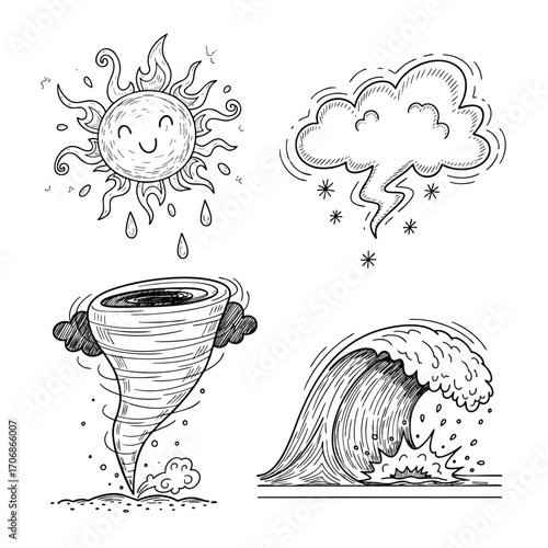A set of four handdrawn black and white illustrations depicting weather and natural phenomena like a sun storm cloud tornado and a large ocean wave.