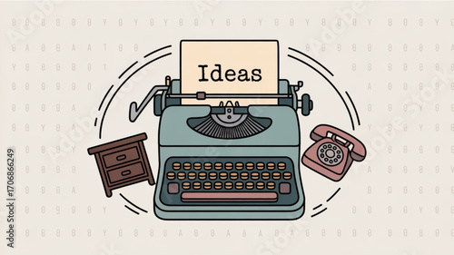 Vintage typewriter illustration with the word ideas, surrounded by a desk and a telephone perfect for creative writing and retro designs