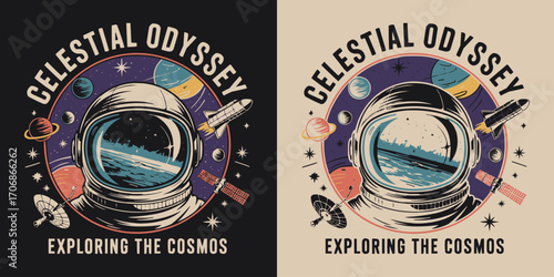Celestial odyssey astronaut helmet illustration with planets rocket satellite and stars for cosmic adventure poster and t shirt design