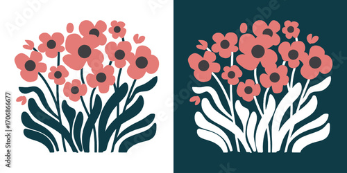 Floral bouquet with pink flowers and green leaves modern retro vector illustration for decorative artwork poster or t shirt design