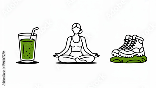 A wellness illustration featuring a green smoothie, a yoga pose, and hiking boots, a simple and clean design for healthy lifestyle