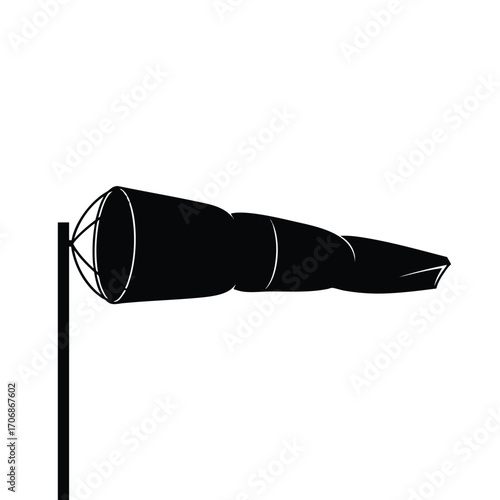A simple black silhouette icon of a windsock on a pole indicating wind direction and speed.