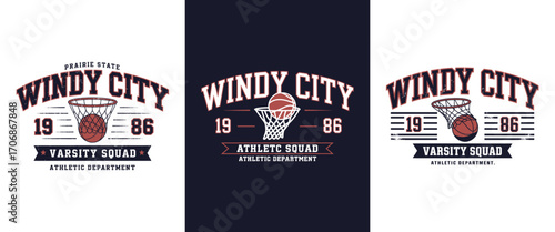 Windy City basketball varsity squad emblem retro athletic typography with hoop and ball illustration for sportswear and t shirt design
