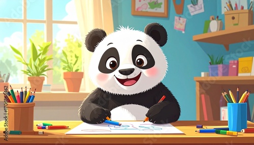 Adorable panda character joyfully coloring with crayons at a desk in a bright room.