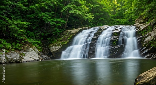 Serene waterfall cascading over rocks into a tranquil pool surrounded by lush greenery in a natural landscape