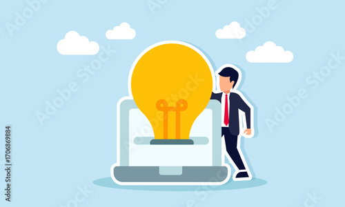 Businessman standing near a light emerging from a monitor illustration of getting business ideas from browsing on the internet