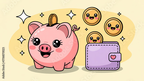 A cute piggy bank with coins and a wallet, symbolizing savings and financial literacy, perfect for educational materials