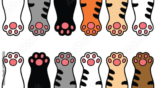 Cute cartoon cat paw pattern with colorful kitten feet and pink pads for seamless background decoration and playful design