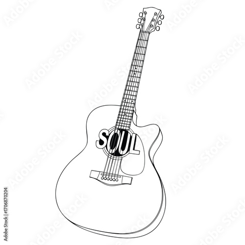 Black and white line art illustration of an acoustic guitar with the word SOUL over the soundhole.