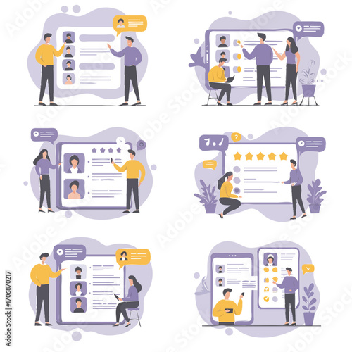 Illustrations depicting online profiles, user interfaces, and digital interactions on mobile devices.