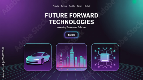 Futuristic technology website design showcasing innovation with a car, city skyline, and circuit board, all set against a vibrant purple and teal gradient background