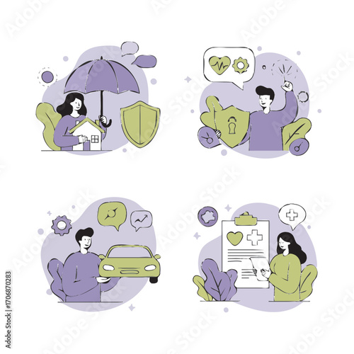 Four illustrations depicting different types of insurance: home, health, car, and general protection.