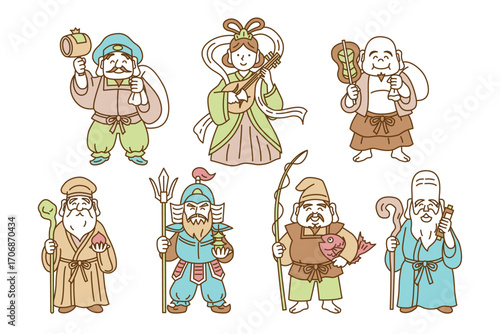 かわいい七福神の線画ベクターイラストセット