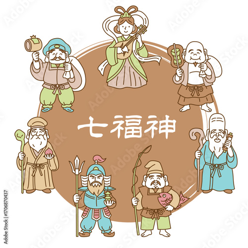 かわいい七福神の線画ベクターイラストセット
