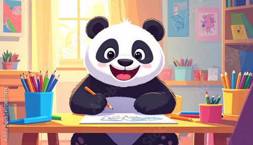 A cheerful cartoon panda drawing with colored pencils on paper in a sunny room.
