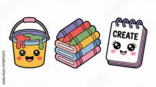 Cute kawaii art supplies bucket of paint, crayons, and notepad with the word create on it, all with smiling faces