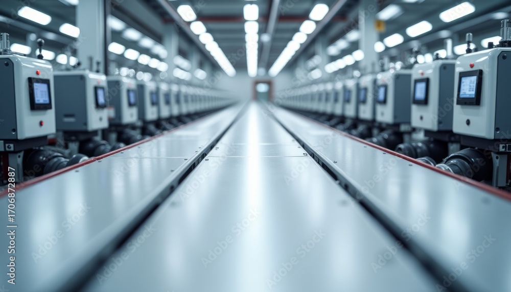 Fototapeta premium Modern Automation in a Clean Room Empty Conveyor Belt Stretches into the Distance