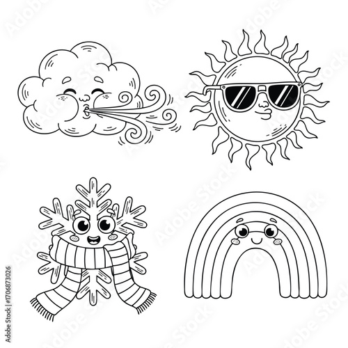 Cute handdrawn weather characters collection with anthropomorphic faces including a sun cloud snowflake and rainbow.