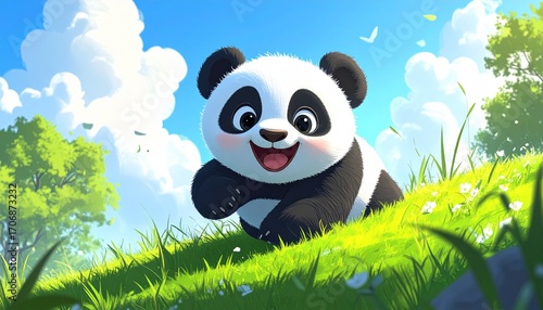 Adorable cartoon baby panda smiling and running in a vibrant green meadow under a blue sky.