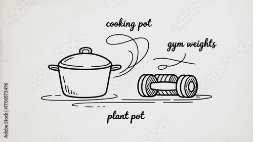 Hand drawn illustration of a cooking pot and gym weights with labels, , perfect for healthy lifestyle and fitness
