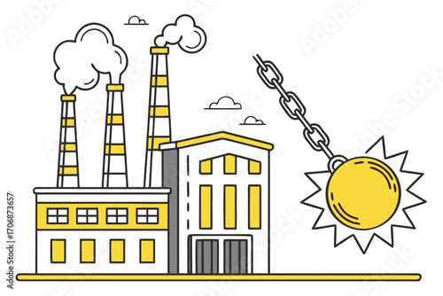 Vector illustration of factory demolition with wrecking ball impact
