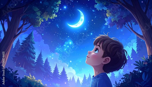 Animated boy gazes at a magical crescent moon and starry night sky in a forest.