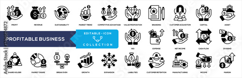 Profitable Business Mixed Icon Collection Containing Profit, Revenue, Sustainability, Market Trend, Competitive, Value Proposition