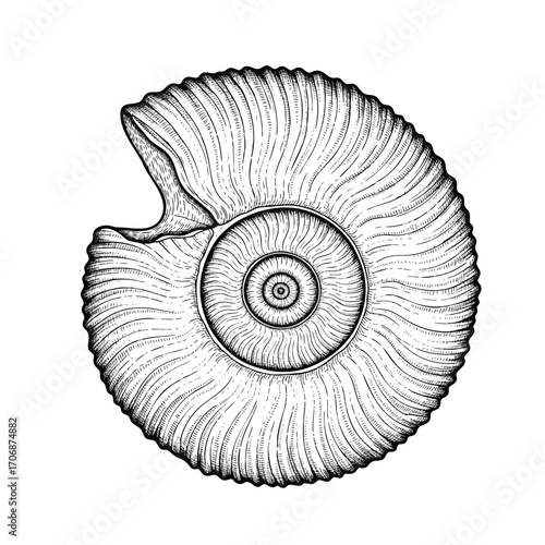 Detailed black and white line art illustration of a coiled ammonite fossil shell.