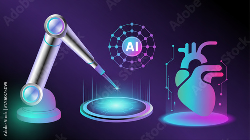 Robotic arm performing heart surgery with artificial intelligence, futuristic medical technology, innovative healthcare, precision, and automation